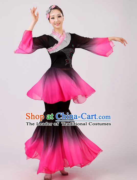 Traditional Chinese Yangge Fan Dancing Costume Modern Dance Dress Clothing and Headwear