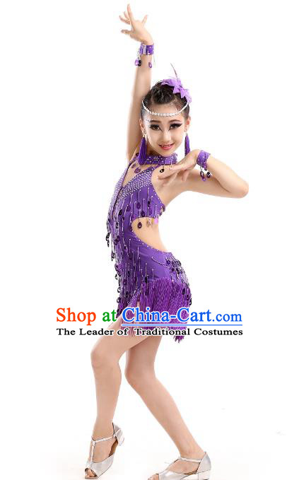 Top Grade Modern Dance Professional Latin Dance Competition Costume, Opening Dance Purple Tassel Dress for Kids