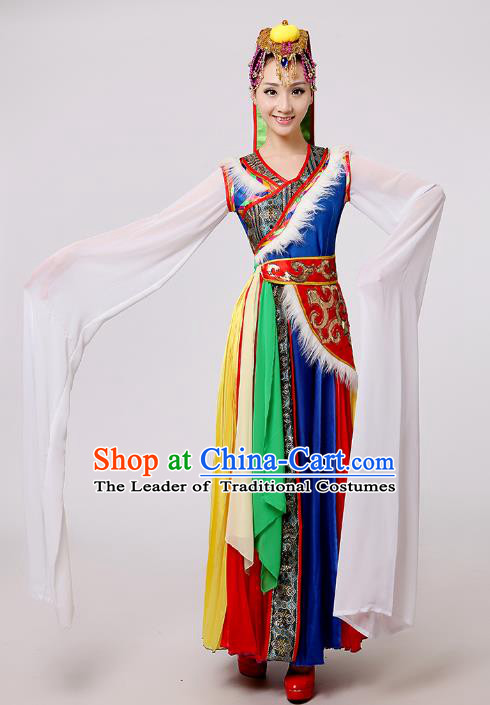 Traditional Chinese Zang Nationality Dance Costume, China Tibetan Minority Embroidery Water Sleeve Dress Clothing for Women
