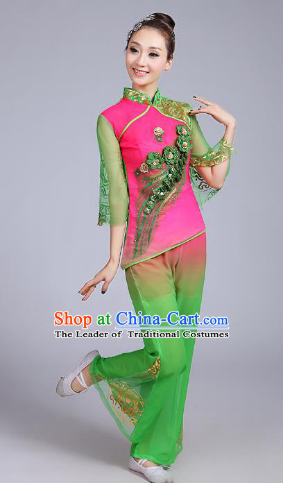 Traditional Chinese Classical Yanko Dance Embroidered Peacock Green Costume, Folk Yangge Dance Uniform Drum Dance Clothing for Women