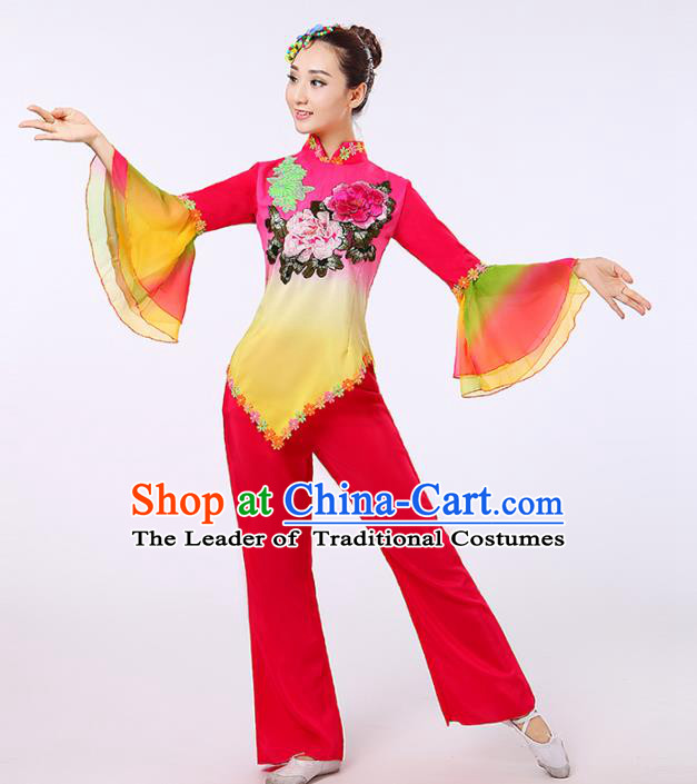 Traditional Chinese Yangge Fan Dancing Costume Modern Dance Dress Clothing and Headwear