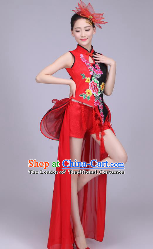 Traditional Chinese Yangge Fan Dancing Costume Modern Dance Dress Clothing and Headwear