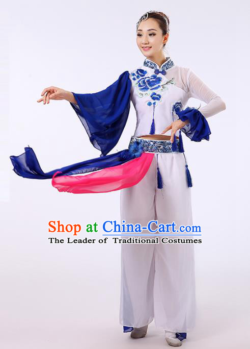 Traditional Chinese Classical Yanko Dance Embroidered Peony Costume, Folk Yangge Fan Dance Uniform Lotus Dance Clothing for Women