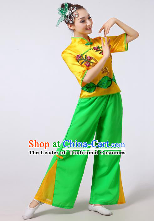 Traditional Chinese Yangge Fan Dancing Costume Modern Dance Dress Clothing and Headwear