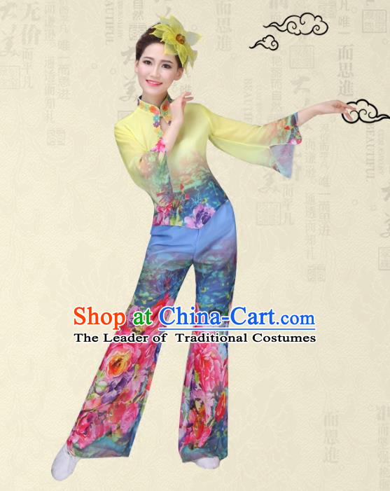 Traditional Chinese Classical Yanko Dance Printing Flowers Costume, Folk Yangge Fan Dance Uniform Waist Drum Dance Yellow Clothing for Women