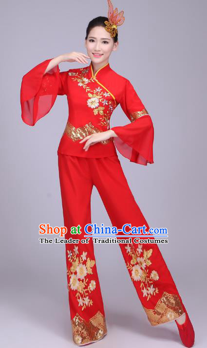 Traditional Chinese Yangge Fan Dancing Costume Modern Dance Dress Clothing and Headwear