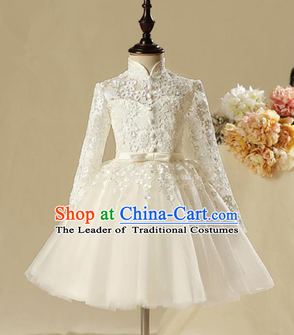 Children Modern Dance Costume Embroidery White Lace Bubble Dress, Ceremonial Occasions Performance Princess Veil Full Dress for Girls
