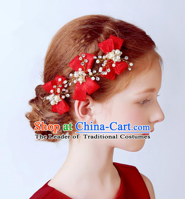 Handmade Children Hair Accessories Red Bowknot Hair Stick, Princess Halloween Model Show Headwear Hair Clasp for Kids