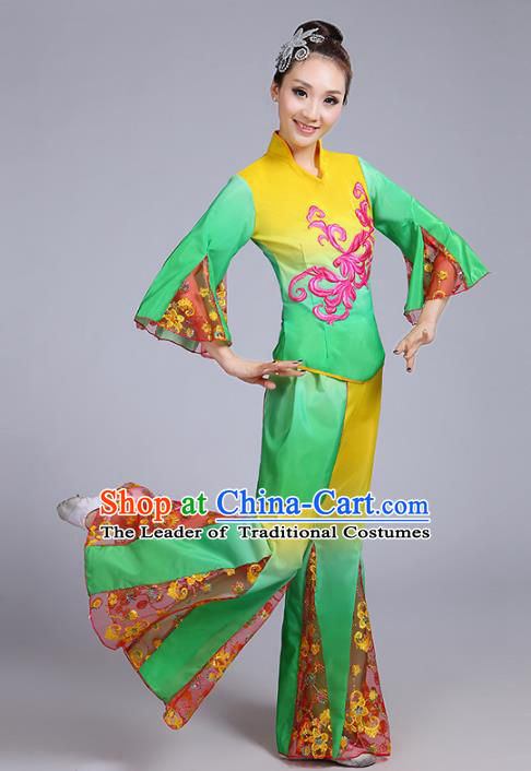 Traditional Chinese Classical Yanko Dance Embroidered Green Costume, Folk Yangge Dance Mandarin Sleeve Uniform Drum Dance Clothing for Women