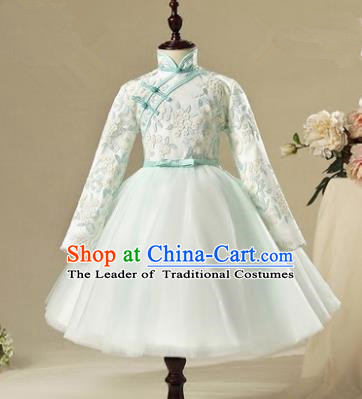 Children Modern Dance Flower Fairy Costume, Chorus Group Clothing Princess Cheongsam Green Bubble Veil Dress for Girls