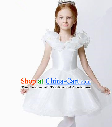 Children Modern Dance Flower Fairy Costume White Short Bubble Dress, Performance Model Show Clothing Princess Veil Full Dress for Girls