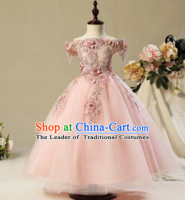 Children Modern Dance Costume Pink Off Shoulder Long Dress, Ceremonial Occasions Model Show Princess Veil Full Dress for Girls