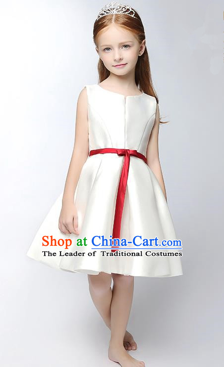 Children Modern Dance Costume White Satin Short Dress, Ceremonial Occasions Model Show Princess Full Dress for Girls