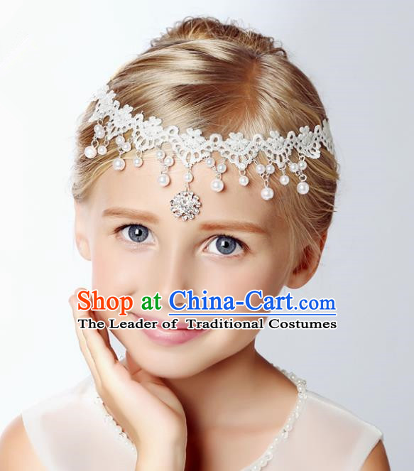 Handmade Children Hair Accessories Crystal Lace Forehead Ornament, Princess Model Show Headwear Hair Clasp for Kids