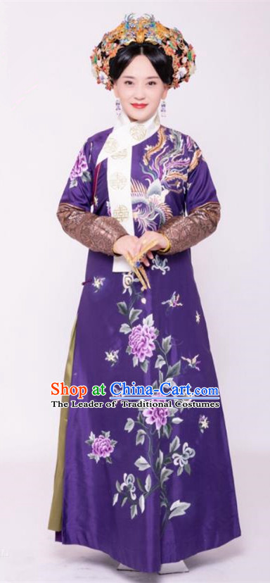 Traditional Chinese Ancient Imperial Consort Costume and Handmade Headpiece Complete Set, Asian China Qing Dynasty Manchu Lady Embroidered Clothing