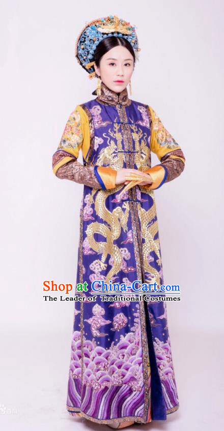 Traditional Chinese Ancient Palace Lady Costume and Handmade Headpiece Complete Set, Asian China Qing Dynasty Manchu Empress Embroidered Clothing