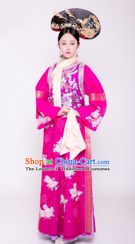 Traditional Chinese Ancient Palace Princess Costume and Handmade Headpiece Complete Set, Asian China Qing Dynasty Manchu Lady Embroidered Clothing