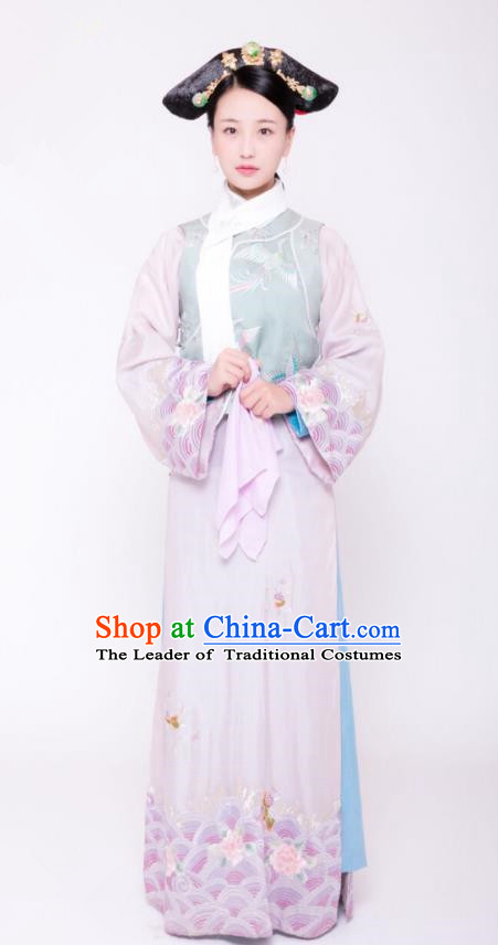 Traditional Chinese Ancient Palace Lady Costume, Qing Dynasty Manchu Court Maid Embroidered Clothing and Handmade Headpiece Complete Set