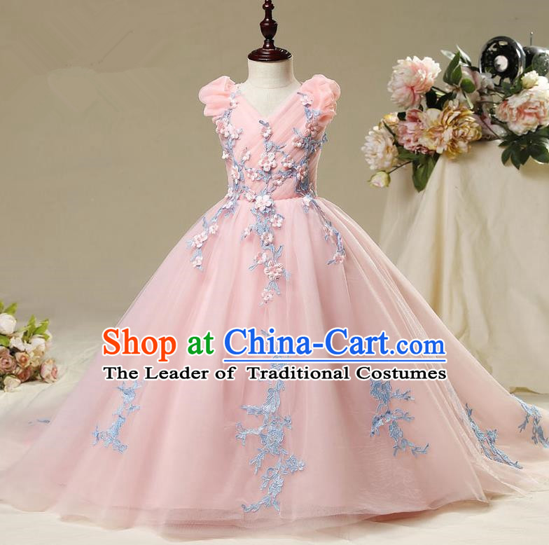 Children Modern Dance Costume Embroidery Pink Trailing Dress, Ceremonial Occasions Model Show Princess Veil Full Dress for Girls