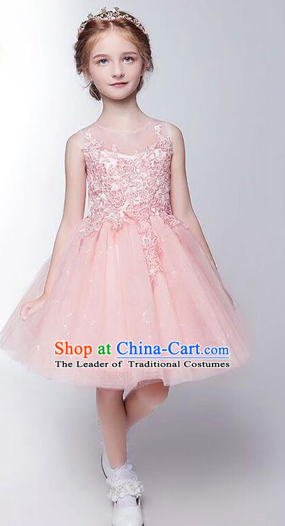 Children Modern Dance Costume Embroidery Christmas Pink Veil Bubble Dress, Ceremonial Occasions Performance Princess Short Full Dress for Girls