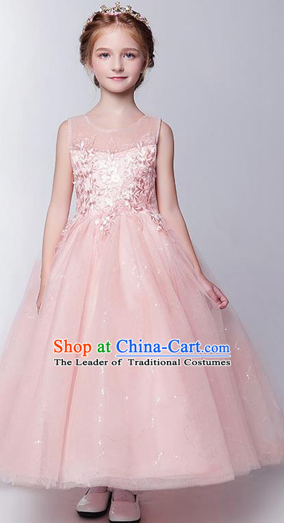 Children Modern Dance Costume Embroidery Christmas Pink Bubble Dress, Ceremonial Occasions Performance Princess Long Full Dress for Girls