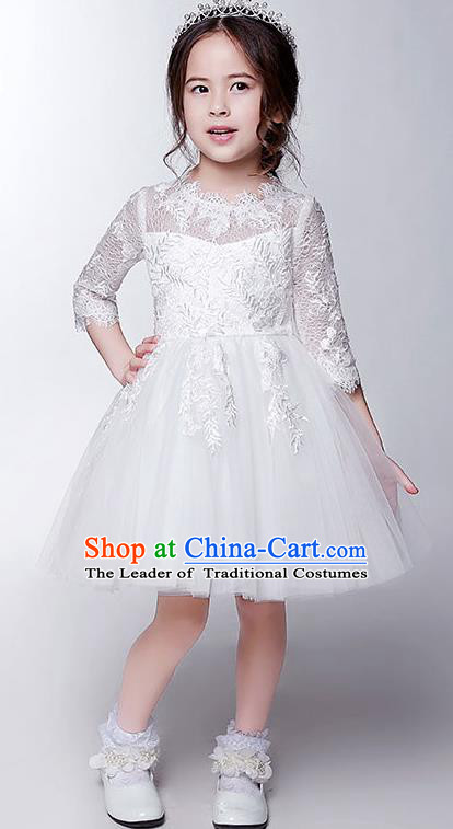 Children Model Show Dance Costume White Veil Lace Bubble Dress, Ceremonial Occasions Catwalks Princess Short Full Dress for Girls