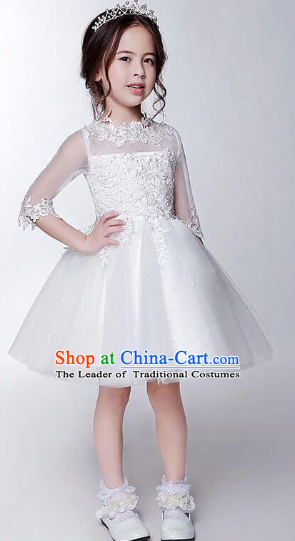 Children Model Show Dance Costume White Short Bubble Dress, Ceremonial Occasions Catwalks Princess Full Dress for Girls