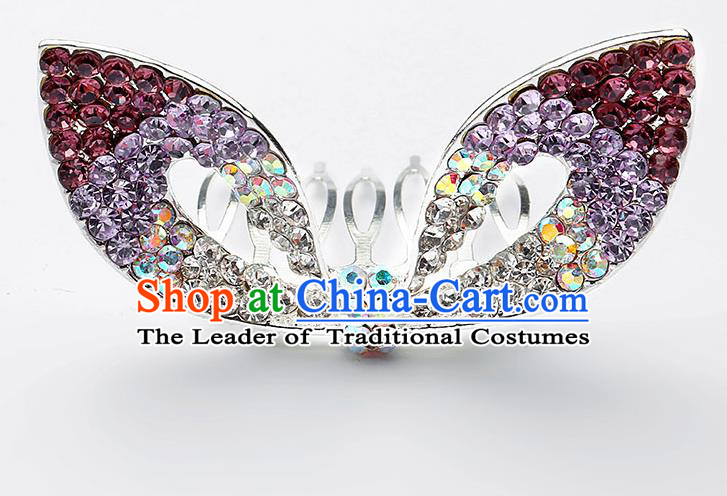 Handmade Children Hair Accessories Purple Crystal Hair Comb, Princess Halloween Model Show Royal Crown Headwear for Kids