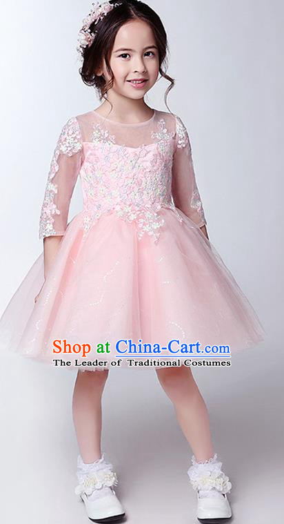 Children Christmas Model Show Dance Costume Pink Veil Bubble Dress, Ceremonial Occasions Catwalks Princess Full Dress for Girls