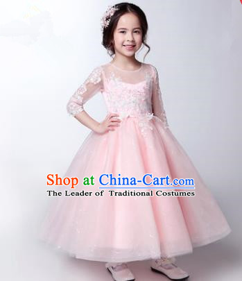 Children Christmas Model Show Dance Costume Pink Veil Dress, Ceremonial Occasions Catwalks Princess Full Dress for Girls