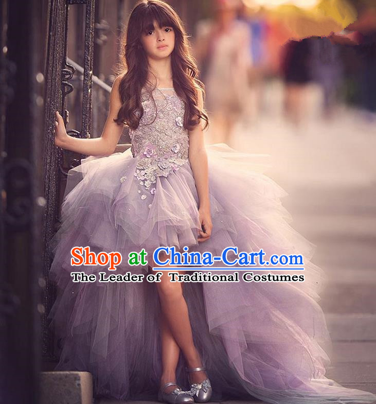 Children Christmas Model Show Dance Costume Purple Veil Trailing Dress, Ceremonial Occasions Catwalks Princess Full Dress for Girls