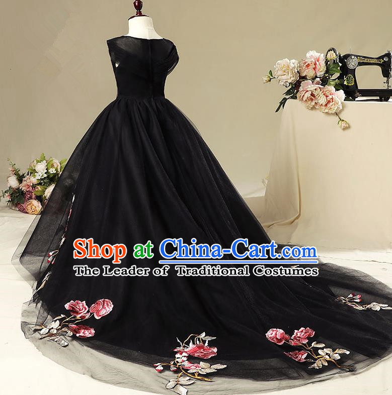 Children Christmas Model Show Dance Costume Embroidered Black Trailing Dress, Ceremonial Occasions Catwalks Princess Full Dress for Girls