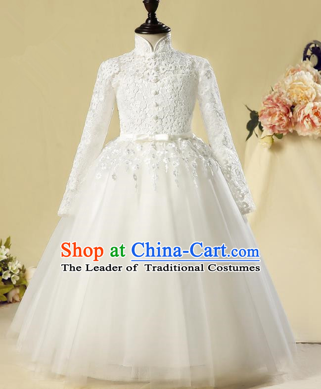 Children Christmas Model Show Dance Costume White Lace Dress, Ceremonial Occasions Catwalks Princess Full Dress for Girls