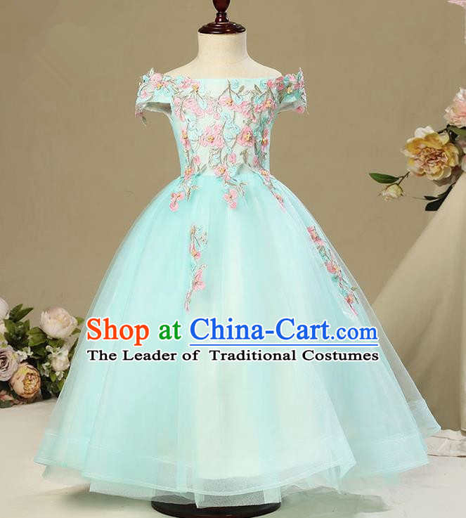 Children Christmas Model Show Dance Costume Embroidered Green Dress, Ceremonial Occasions Catwalks Princess Off Shoulder Full Dress for Girls