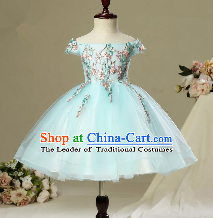 Children Christmas Model Show Dance Costume Embroidered Green Bubble Dress, Ceremonial Occasions Catwalks Princess Off Shoulder Full Dress for Girls