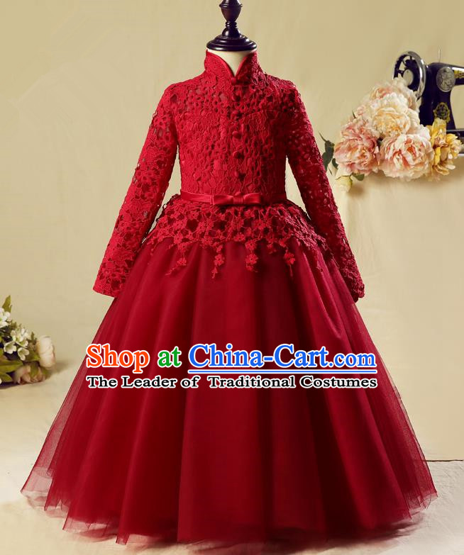 Children Christmas Model Show Dance Costume Red Veil Dress, Ceremonial Occasions Catwalks Princess Full Dress for Girls