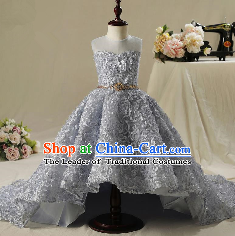 Children Model Show Dance Costume Grey Flower Petals Trailing Dress, Ceremonial Occasions Catwalks Princess Full Dress for Girls