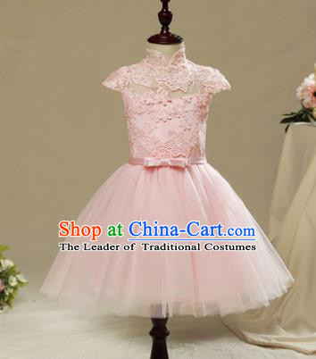 Children Model Show Dance Costume Pink Lace Short Sleeve Dress, Ceremonial Occasions Catwalks Princess Full Dress for Girls