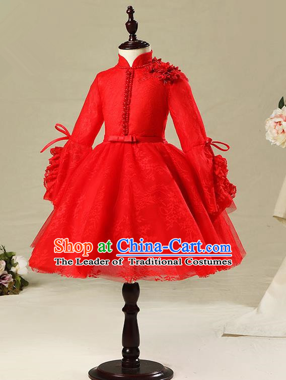 Top Compere Performance Catwalks Costume Children Chorus Red Dress with Wings Modern Dance Princess Short Red Bubble Dress for Girls Kids