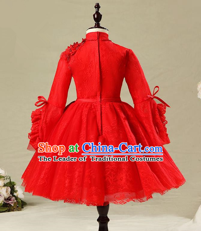 Top Compere Performance Catwalks Costume Children Chorus Red Dress with Wings Modern Dance Princess Short Red Bubble Dress for Girls Kids