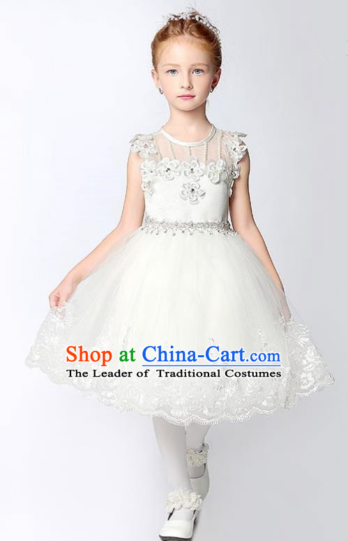 Children Model Show Dance Costume White Veil Short Dress, Ceremonial Occasions Catwalks Princess Full Dress for Girls