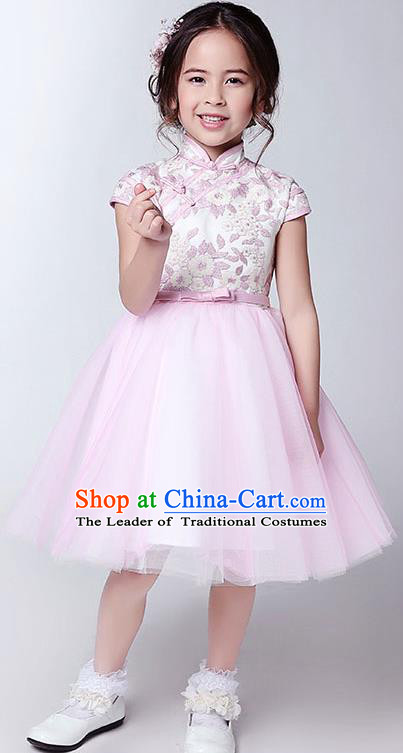 Children Model Show Dance Costume Pink Plated Buttons Cheongsam, Ceremonial Occasions Catwalks Princess Veil Dress for Girls