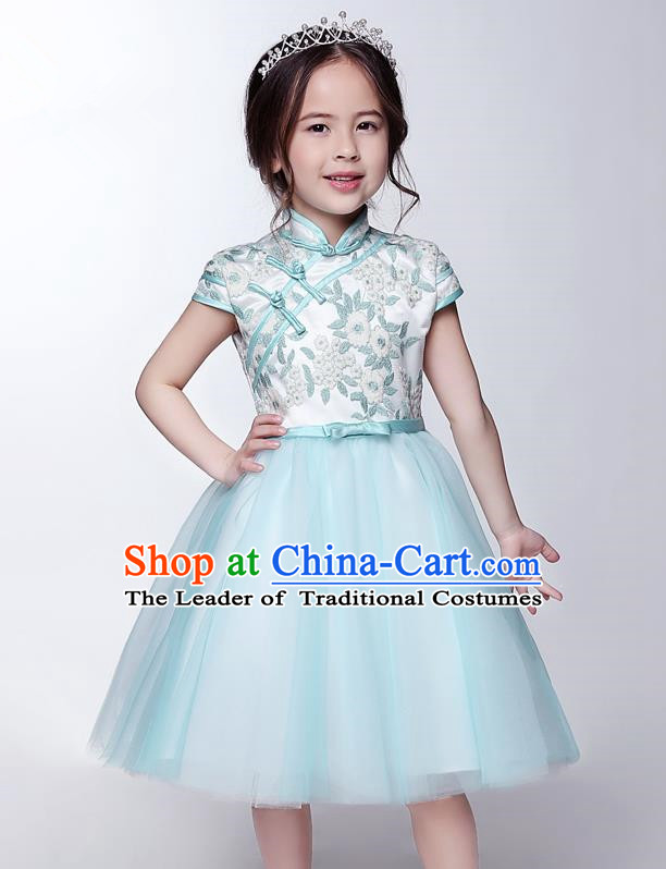 Children Model Show Dance Costume Blue Plated Buttons Cheongsam, Ceremonial Occasions Catwalks Princess Veil Dress for Girls