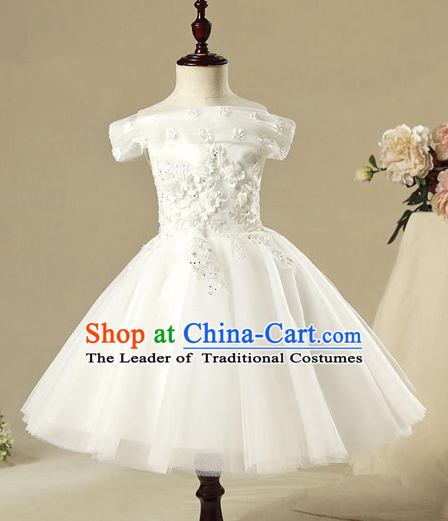 Children Model Show Dance Costume Off Shoulder White Dress, Ceremonial Occasions Catwalks Princess Full Dress for Girls