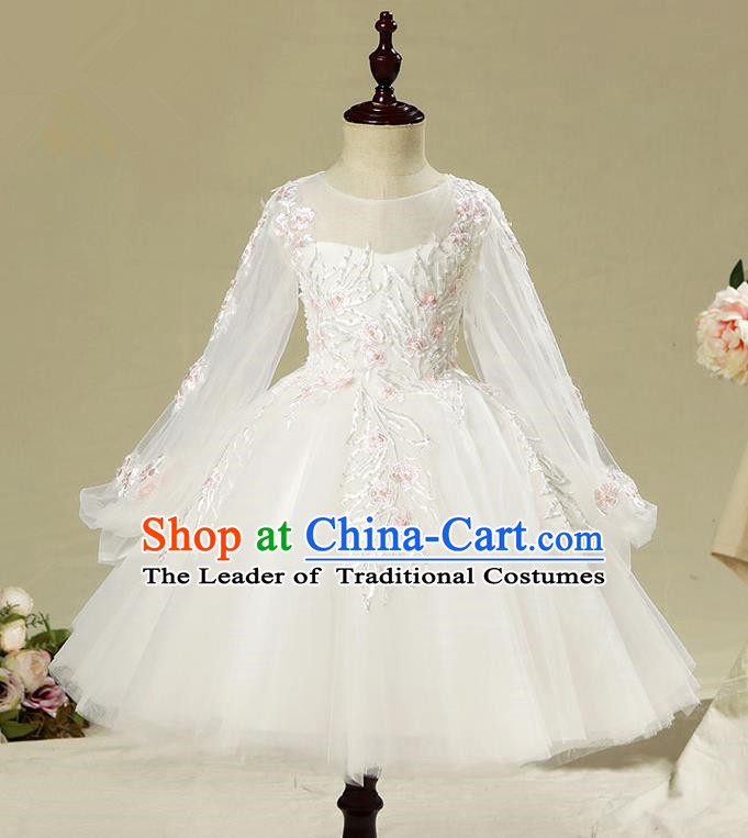 Children Model Show Dance Costume Long Sleeve White Dress, Ceremonial Occasions Catwalks Princess Full Dress for Girls