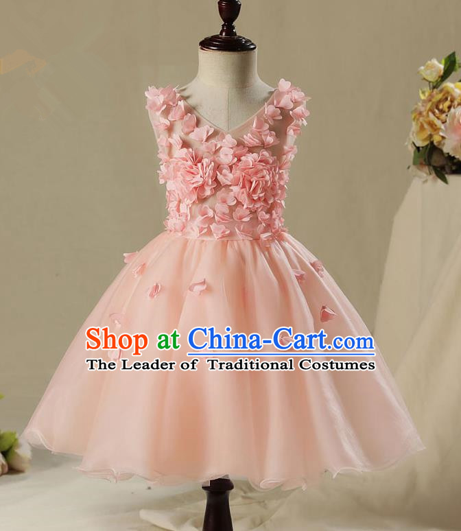 Children Model Show Dance Costume Pink Flowers Dress, Ceremonial Occasions Catwalks Princess Full Dress for Girls