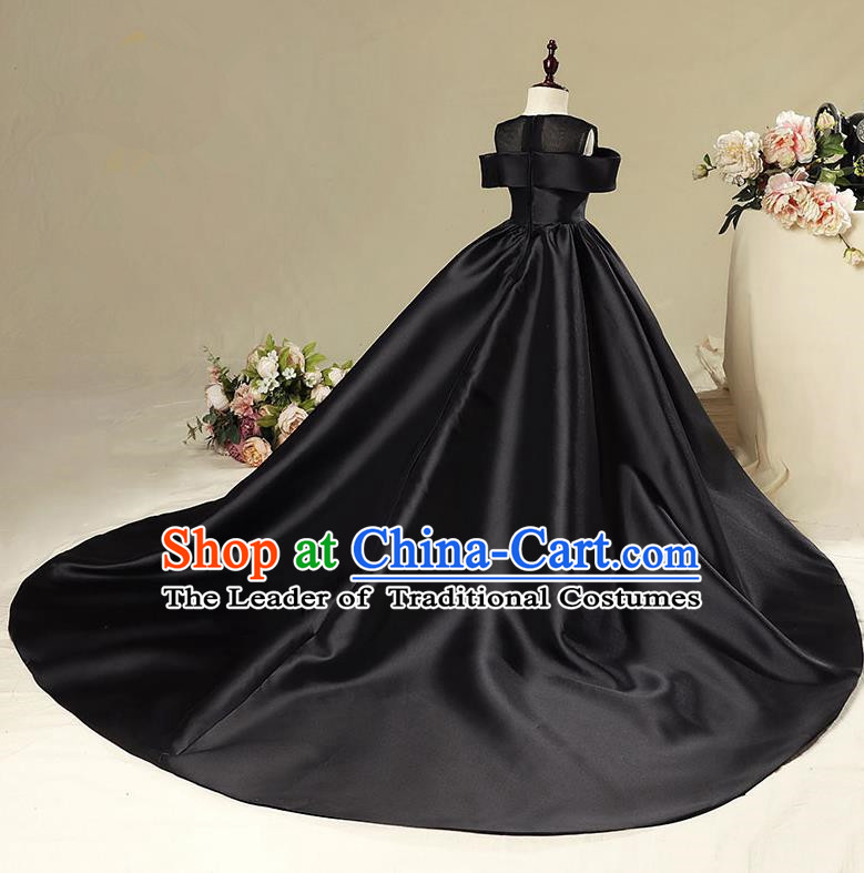 Children Model Show Dance Costume Black Satin Trailing Dress, Ceremonial Occasions Catwalks Princess Full Dress for Girls