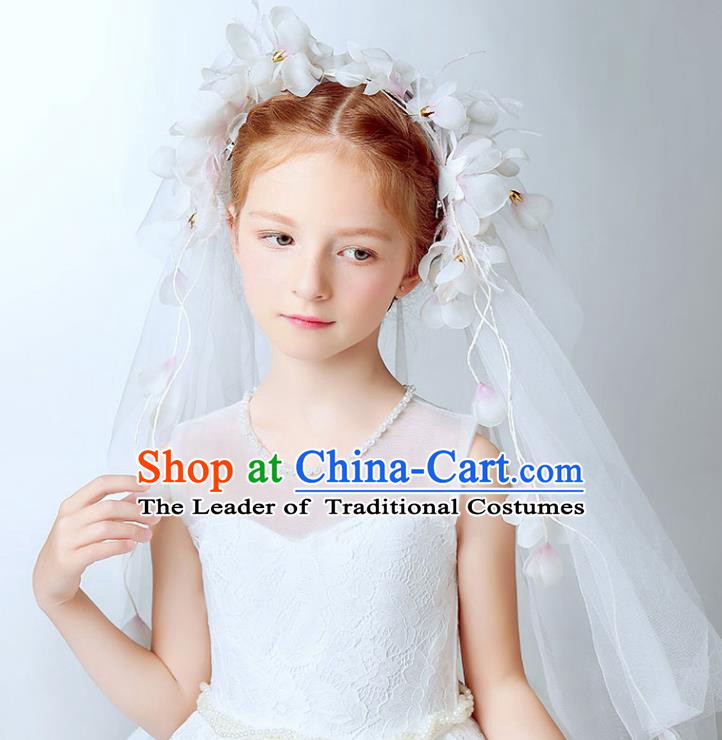 Handmade Children Hair Accessories Flowers Head Bridal Veil, Princess Halloween Model Show Hair Clasp Headwear for Kids
