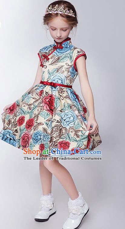 Children Model Show Dance Costume Printing Cheongsam, Ceremonial Occasions Catwalks Princess Full Dress for Girls