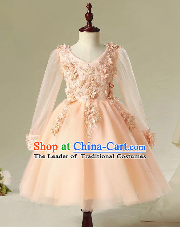 Children Model Show Dance Costume Flowers Fairy Orange Dress, Ceremonial Occasions Catwalks Princess Full Dress for Girls